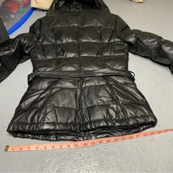 Danier Black Leather Puffer Jacket Sz XXS High Neck Bomber Quilted Winter Coat - Picture 9 of 16